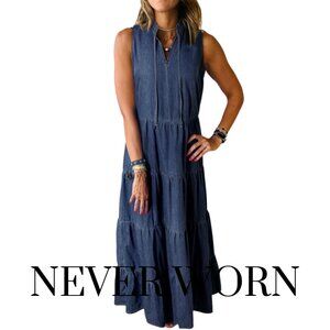 Real Teal Sleeveless Tiered Chambray Maxi Dress
